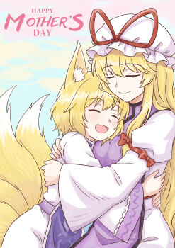 Rule 34 | 2girls, absurdres, animal ear fluff, animal ears, blonde hair, blue tabard, blush, bow, breasts, closed eyes, commentary request, dress, english text, fox ears, fox tail, hair bow, happy mother's day, hat, hat ribbon, highres, hug, kitsune, large breasts, long hair, long sleeves, medium hair, missing headwear, mob cap, mother's day, multiple girls, open mouth, piaoluo de ying huaban, purple tabard, red bow, red ribbon, ribbon, smile, tabard, tail, touhou, white dress, wide sleeves, yakumo ran, yakumo yukari