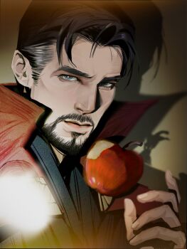 1boy apple beichenjiu6625 black_hair blue_eyes blue_shirt cloak closed_mouth commentary doctor_strange doctor_strange_(series) english_commentary facial_hair fingernails food fruit grey_hair hand_up highres lips looking_at_viewer male_focus marvel multicolored_hair red_cloak shadow shirt short_hair simple_background solo two-tone_hair upper_body yellow_background