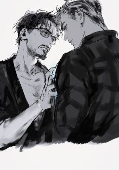 2boys avengers:_endgame avengers_(series) collarbone commentary english_commentary facial_hair from_behind greyscale hand_up highres long_sleeves looking_at_another male_focus malkogromit marvel monochrome multiple_boys open_clothes open_robe plaid_clothes plaid_shirt robe shirt short_hair simple_background steve_rogers sunglasses teeth tony_stark upper_body