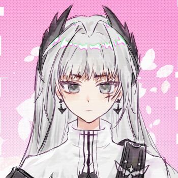 1girl arknights chinese_commentary closed_mouth commentary_request earrings grey_eyes grey_hair hair_intakes highres iberia_logo irene_(arknights) jewelry long_hair looking_at_viewer pink_background portrait qiyedexuyuanxing497 scanlines scar scar_across_eye scar_on_face shirt solo turtleneck turtleneck_shirt white_shirt