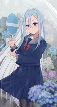1girl black_pantyhose blue_eyes blue_hair blue_shirt blue_skirt blush bow bowtie collarbone commentary_request cowboy_shot double-parted_bangs flower grey_sailor_collar hair_between_eyes highres holding holding_umbrella hydrangea long_hair long_sidelocks long_sleeves looking_at_viewer outdoors pantyhose pleated_skirt pout project_sekai rain red_bow red_bowtie sailor_collar shirt sidelocks skirt solo standing transparent transparent_umbrella umbrella very_long_hair waving yoisaki_kanade yui081