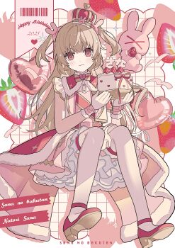 1girl absurdres balloon barcode birthday_cake brown_hair cake cape character_name closed_mouth commentary_request crown dress drop_shadow food fruit full_body fur-trimmed_cape fur_trim gloves hair_ornament happy_birthday heart_balloon highres holding holding_plate jacket layered_skirt long_hair looking_at_viewer mini_crown moo_n_moko natori_sana natori_sana_(sana_channel_king) official_alternate_costume official_art pink_dress pink_jacket pink_shirt pink_skirt plate rabbit_hair_ornament red_eyes sana_channel shirt sitting skirt smile solo strawberry strawberry_slice stuffed_animal stuffed_rabbit stuffed_toy thighhighs two_side_up virtual_youtuber white_gloves white_thighhighs