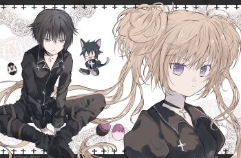 Rule 34 | 1girl, 2boys, black dress, black hair, blonde hair, brother and sister, choker, closed eyes, commentary request, dress, guardian chara, hair between eyes, hands on own hips, hano luno, heart's egg (shugo chara!), highres, hoshina utau, multiple boys, purple eyes, short hair, shugo chara!, siblings, sidelocks, sitting, tail, tsukiyomi ikuto