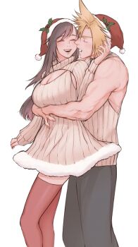 1boy 1girl bare_shoulders black_hair black_pants blonde_hair breasts brown_hair christmas cleavage cleavage_cutout closed_eyes clothing_cutout cloud_strife commentary couple dress english_commentary facing_another feet_out_of_frame final_fantasy final_fantasy_vii final_fantasy_vii:_ever_crisis fur-trimmed_headwear fur_trim hat hat_ornament hetero highres holly_hat_ornament hug hug_from_behind large_breasts linono long_hair long_sleeves open_mouth pants pom_pom_(clothes) red_hat red_thighhighs ribbed_sweater santa_hat short_hair sleeveless sleeveless_turtleneck sleeves_past_wrists smile spiked_hair sweater sweater_dress thighhighs tifa_lockhart toned toned_male turtleneck turtleneck_sweater white_background white_sweater zettai_ryouiki