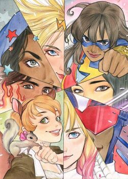 2boys 6+girls :d america_chavez animal_ear_hairband animal_ears black_eyes blonde_hair blue_eyes blue_helmet blue_hood blue_mask bow brown_hair captain_marvel_(marvel) carol_danvers comic_cover commentary_request cover cover_page dark-skinned_female dark_skin eye_mask fake_animal_ears fire fist_bump glowing gradient_hair green_eyes gwen_stacy hairband helmet inferno_(marvel) kamala_khan long_hair marvel marvel_rising mask ms._marvel_(kamala_khan) multicolored_hair multiple_boys multiple_girls official_art open_mouth orange_hair patriot_(marvel) peach_momoko pink_bow pink_hair quake_(marvel) short_hair smile spider-gwen spider-man_(series) spider-verse spider-verse_(comics) squirrel squirrel_ears squirrel_girl_(marvel) star_(symbol) superhero_costume textless_version tippy-toe upper_body young_avengers
