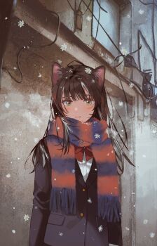 1girl animal_ears black_jacket brown_hair cat_ears cat_girl falling_flower fly_(marguerite) green_eyes highres jacket long_hair looking_at_viewer orange_scarf original outdoors scarf solo
