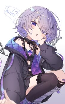 1girl asymmetrical_legwear black_jacket black_shirt black_skirt black_thighhighs chest_jewel choker commentary detached_wings ear_piercing flat_chest frilled_choker frilled_shirt_collar frilled_thigh_strap frills gem gradient_hair grey_hair hair_flaps hair_over_one_eye highres hololive hololive_english jacket jewel_under_eye koseki_bijou koseki_bijou_(casual) leg_warmers looking_at_viewer metal_wings miniskirt multicolored_hair neck_ribbon off_shoulder official_alternate_costume open_mouth piercing pleated_skirt purple_eyes purple_gem purple_hair purple_jacket purple_shoes quilted_jacket ribbon ryuga_(balius) shirt shoes short_hair simple_background single_leg_warmer single_thighhigh skirt sleeves_past_wrists solo speech_bubble squatting swept_bangs thigh_strap thighhighs two-sided_fabric two-sided_jacket virtual_youtuber white_background white_leg_warmers wings zipper_skirt