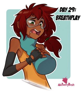 1girl 1other artist_name black_gloves blue_background blue_skin border colored_skin commentary covered_navel cropped_torso dark-skinned_female dark_skin disembodied_hand drooling english_commentary english_text fingerless_gloves freckles gloves goggles green_eyes heart heart-shaped_pupils highres kinktober leotard long_hair low_ponytail malberrybush malyna_(malberrybush) masochism open_mouth original outline ponytail red_hair saliva simple_background solo solo_focus strangling symbol-shaped_pupils uneven_eyes upper_body white_border white_outline yellow_leotard