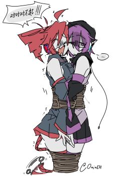 2girls ahoge beret bound drill_hair hat headset highres hn_oaineh huge_ahoge kasane_teto kasane_teto_(utau) miniskirt multiple_girls purple_eyes purple_hair red_eyes red_hair screaming skirt tail tail_wagging twin_drills utane_uta utau
