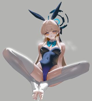 1girl animal_ears anyak05 blonde_hair blue_archive blue_bow blue_bowtie blue_eyes blue_hairband blue_halo blue_leotard blue_streaks blush bow bowtie braid commentary covered_navel detached_collar english_commentary grey_background hairband half_up_braid halo highleg highleg_leotard highres knees_apart_feet_together leotard long_hair no_shoes official_alternate_costume playboy_bunny rabbit_ears strapless strapless_leotard suggestive_fluid sweat thighhighs toki_(blue_archive) toki_(bunny)_(blue_archive) white_thighhighs