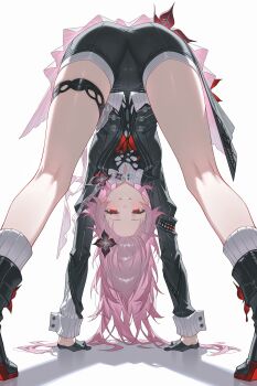 1girl absurdres all_fours ass bare_legs bear_position black_boots black_flower black_gloves black_jacket black_shorts boots buttons collar collared_shirt commentary commentary_request crop_top elysiamei evernight_(honkai:_star_rail) flower flower_ornament frills from_behind full_body gloves grey_flower grin hair_flower hair_ornament half-closed_eyes half_gloves hands_on_ground high_heel_boots high_heels highres honkai:_star_rail honkai_(series) jacket lapels long_hair long_sleeves looking_at_viewer march_7th_(honkai:_star_rail) open_mouth peaked_lapels pink_frills pink_hair red_eyes red_flower red_trim shadow shirt short_shorts shorts simple_background sleeve_cuffs smile socks solo tailcoat thigh_strap two-tone_flower white_background white_shirt white_socks white_trim