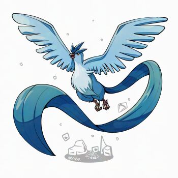 articuno beak bird blue_feathers feathered_wings feathers flying full_body gen_1_pokemon legendary_pokemon mistray-art nintendo no_humans numbered pokemon pokemon_(creature) signature simple_background solo white_background wings