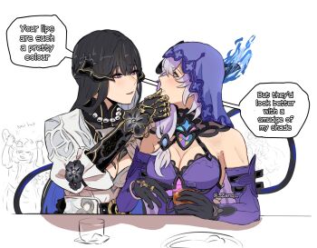 2girls absurdres alcohol bare_shoulders black_gloves black_hair black_swan_(honkai:_star_rail) breasts character_request cleavage commentary cup dress elbow_gloves english_commentary english_text gloves hand_on_another's_chin highres honkai:_star_rail honkai_(series) horns large_breasts long_hair mole mole_under_eye multiple_girls off-shoulder_dress off_shoulder purple_dress purple_eyes purple_hair smile speech_bubble sweat the_dahlia_(honkai:_star_rail) twitter_username veil whiskey white_dress yuri zanqi