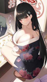 1girl absurdres black_hair blue_archive blunt_bangs blush floral_print glaring goldfish_scooping hair_ornament hairclip halo highres indoors japanese_clothes kimono long_hair looking_at_viewer naze236 poi_(goldfish_scoop) red_eyes ringed_eyes rio_(blue_archive) sandals solo squatting sweatdrop