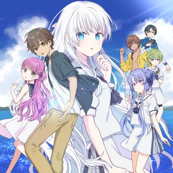 Rule 34 | 3boys, 4girls, arm at side, ascot, black ascot, black bow, black gloves, black shirt, blue butterfly, blue eyes, blue hair, blue sailor collar, blue sky, blunt ends, bow, braid, brown eyes, brown hair, bug, butterfly, cloud, commentary request, cowboy shot, crocodile hair ornament, crown braid, cumulonimbus cloud, dark-skinned male, dark skin, day, dress, eyelashes, feet out of frame, floating hair, gloves, glowing butterfly, green hair, grin, hair between eyes, hair bow, hair bun, hair over one eye, hand up, heart, highres, holding table tennis paddle, insect, kanou tenzen, katou umi, long hair, looking back, miniskirt, mitani ryouichi, multiple boys, multiple girls, naruse shiroha, nomura miki, ocean, one eye covered, open clothes, open shirt, outdoors, pink eyes, pink hair, puffy short sleeves, puffy sleeves, purple eyes, red eyes, sailor collar, sailor dress, school uniform, serafuku, shirt, short dress, short hair, short sleeves, sidelocks, single hair bun, skirt, sky, sleeveless, sleeveless dress, smile, sorakado ao, spiked hair, spoken heart, summer pockets, summer pockets school uniform, takahara hairi, tan, two side up, very long hair, white dress, white hair, white sailor collar, white serafuku, white shirt, white skirt, wogura