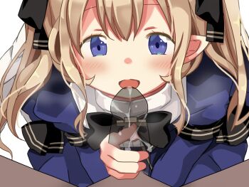 Rule 34 | 1boy, 1girl, angel, angel wings, ariel (oukoku no shugo tenshi), arm ribbon, black bow, black ribbon, blue dress, blue eyes, blush, bow, bowtie, breasts, brown hair, close-up, cross, dress, feathered wings, game cg, hair between eyes, hair ribbon, half-closed eyes, handjob, hikaru (sgst), juliet sleeves, large variant set, long hair, long sleeves, looking at penis, non-web source, open mouth, oukoku no shugo tenshi, penis, pointy ears, pov, pov crotch, precum, puffy sleeves, ribbon, see-through body, sidelocks, simple background, small breasts, smile, tareme, transparent background, twintails, variant set, very long hair, white wings, wings