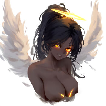 Rule 34 | angel, angel wings, baddelz, black hair, breasts, cora (baddelz), dark-skinned female, dark skin, feathered wings, glowing, glowing eyes, glowing scar, halo, highres, large breasts, nude, orange eyes, original, ponytail, scar, scar across eye, scar on face, wings, yellow halo