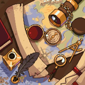 Rule 34 | book, chrysope, compass, compass (instrument), highres, inkwell, magnifying glass, map (object), no humans, original, pixel art, quill, telescope