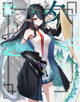 Rule 34 | 1girl, absurdres, arknights, black hair, dragon girl, dragon horns, dragon tail, dusk (arknights), earrings, eastern dragon tail, green horns, hair over one eye, highres, horns, jewelry, long hair, orangeizumi, pointy ears, red eyes, solo, tail, tassel, tassel earrings