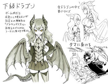 bear dragon dragon_girl multiple_expressions flat_chest horns level_difference monster_girl okamura_(okamura086) pale_skin personification size_comparison spikes the_elder_scrolls the_elder_scrolls_v:_skyrim thighhighs wings yellow_eyes
