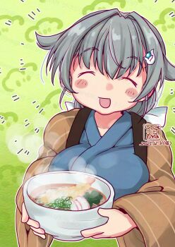 1girl artist_logo blue_kimono blush_stickers bowl brown_shawl commentary_request dated food green_background grey_hair hair_flaps hair_ornament hairclip highres japanese_clothes jingei_(kancolle) kantai_collection kimono kutone_shirika logo long_hair shawl smile solo steam upper_body