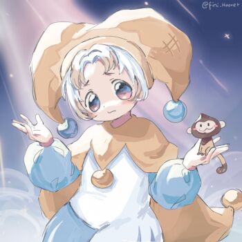 1girl animal blush cape commentary cookie_run cookie_run:_ovenbreak fini_hoover hashtag-only_commentary hat holding holding_animal humanization ice_juggler_cookie jester jester_cap light_rays long_sleeves looking_at_viewer monkey short_hair shrugging sketch undersized_animal white_hair yellow_cape