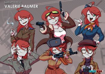 Rule 34 | 1girl, absurdres, aks-74u, assault rifle, black necktie, blue jacket, brown jacket, camera, cigarette, commentary, commentary request, dual wielding, english commentary, flight attendant, fur-trimmed jacket, fur trim, garrison cap, green eyes, green jacket, green necktie, gun, hammer and sickle, handgun, hat, highres, holding, holding camera, holding cigarette, jacket, kalashnikov rifle, makarov pm, military uniform, multiple views, necktie, nico jiang, red hair, reference sheet, rifle, shirt, smile, stasi, striped clothes, striped shirt, telnyashka, travel attendant, valerie konstanz, we love cold war, weapon, white shirt