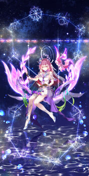 1girl absurdres as_i&#039;ve_written_(honkai:_star_rail) bare_shoulders book bow_(weapon) breasts commentary_request cyrene_(honkai:_star_rail) cyrene_(ripples_of_past_reverie)_(honkai:_star_rail) dress green_hair halo high_heels highres holding holding_book holding_quill honkai:_star_rail honkai_(series) large_breasts long_hair mem_(honkai:_star_rail) multicolored_hair on_swing open_book pink_hair purple_eyes quill sky smile star_(sky) starry_sky swing very_long_hair water weapon white_dress white_hair yuse