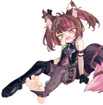 1girl animal_ear_fluff animal_ears breasts brown_hair chaosexceed fang feet gloves green_eyes heterochromia highres indie_virtual_youtuber nyudachi small_breasts soles solo tail toeless_legwear toes virtual_youtuber