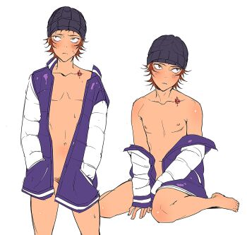 Rule 34 | 1boy, absurdres, armpit crease, blush, bottomless, brown hair, clothes down, collarbone, commentary, cuntboy, hands in pockets, highres, jacket, k-project, male focus, multiple views, navel, parted lips, pubic hair, purple jacket, short hair, shoulder tattoo, simple background, sitting, standing, tattoo, teeth, treslech3s, wariza, white background, white sleeves, yata misaki