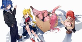 4girls absurdres ahoge black_ribbon black_skirt black_sweater black_sweater_vest blonde_hair blue_eyes blue_hair blue_pants blue_skirt bocchi_the_rock! bow bowtie box brown_sailor_collar brown_shirt brown_shoes cardboard_box closed_mouth collared_shirt commentary cube_hair_ornament gotoh_hitori green_eyes hair_between_eyes hair_ornament hair_spread_out hairclip hand_in_pocket hand_up heart heart_hands highres hugging_own_legs ijichi_nijika jacket kessoku_band kita_ikuyo loafers long_bangs long_hair long_sleeves miniskirt multiple_girls neck_ribbon nuru_(ezvr2347) one_side_up open_mouth orange_eyes pants pants_under_skirt parallel_hairclips parted_bangs parted_lips pink_hair pink_jacket pink_pants pleated_skirt polka_dot polka_dot_bow polka_dot_bowtie reclining red_bow red_bowtie red_hair red_shoes ribbon sailor_collar school_uniform shadow shirt shoes short_hair side_ponytail sitting skirt smile sneakers socks squatting standing sweater sweater_vest text_background track_jacket v v-neck very_long_hair white_background white_shirt white_socks wispy_bangs yamada_ryo yellow_eyes