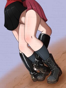 Rule 34 | 2girls, bare legs, black boots, black shoes, black skirt, black socks, boots, cocoa maroon, darjeeling (girls und panzer), girls und panzer, highres, interlocked legs, itsumi erika, kuromorimine military uniform, lace-up boots, legs, lower body, multiple girls, pleated skirt, red skirt, shoes, skirt, socks, st. gloriana's military uniform, thighs, yuri