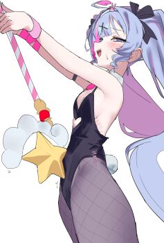 1girl absurdres ahoge akumuruji arm_strap armpits arms_up backless_leotard bare_shoulders black_leotard black_pantyhose black_ribbon blue_eyes blue_hair blush breasts cleavage clothing_cutout colored_inner_hair commentary_request cowboy_shot curly_sidelocks cutout_above_navel detached_collar fake_tail fishnet_pantyhose fishnets from_side furrowed_brow hair_ribbon hairband half-closed_eyes hatsune_miku heart heart-shaped_pupils heart_ahoge heart_cutout highleg highleg_leotard highres holding holding_wand ima_sugu_rinne_(vocaloid) leotard lone_nape_hair long_hair looking_at_viewer multicolored_hair necktie open_mouth pantyhose pink_hair pink_necktie pink_pupils playboy_bunny profile rabbit_hole_(vocaloid) rabbit_ornament rabbit_tail reverse_grip ribbon sideboob sideways_glance simple_background small_breasts solo songover spaghetti_strap standing star_wand sweatdrop symbol-shaped_pupils tail thick_thighs thighs twintails twitching two-handed very_long_hair vocaloid wand white_background white_hairband white_tail wing_collar wings womb_massage