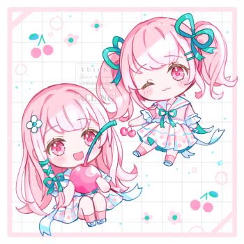 2girls :d ;3 blush_stickers border cherry chibi chibi_only closed_mouth commentary food frilled_sleeves frills fruit full_body green_ribbon hair_ornament hair_ribbon hairclip highres holding holding_food long_hair looking_at_viewer multiple_girls neck_ribbon one_eye_closed open_mouth original parallel_hairclips pink_border pink_eyes pink_hair pink_shirt pink_socks pleated_skirt ribbon sailor_collar shirt shoes short_sleeves skirt smile socks twintails watermark white_background white_sailor_collar white_shoes white_skirt yutukicom