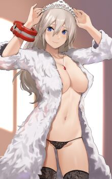1girl alisa_ilinichina_amiella alternate_costume arms_up black_panties black_thighhighs blue_eyes blush breasts cleavage closed_mouth coat collarbone cowboy_shot fur_coat god_eater highres j@ck jewelry large_breasts long_hair looking_at_viewer navel necklace no_bra open_clothes open_coat panties silver_hair smile solo stomach thighhighs tiara underwear white_coat