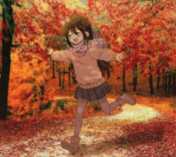 1girl aged_down alternate_costume aubrey_(faraway)_(omori) aubrey_(omori) autumn_leaves black_hair blush boots bow closed_eyes day double-parted_bangs forest full_body grey_skirt hair_between_eyes hair_bow highres leaf long_sleeves my_loleeta nature omori open_mouth outdoors outstretched_arms pink_boots pink_bow pink_sweater pleated_skirt purple_scarf scarf skirt smile solo sweater teeth tree upper_teeth_only
