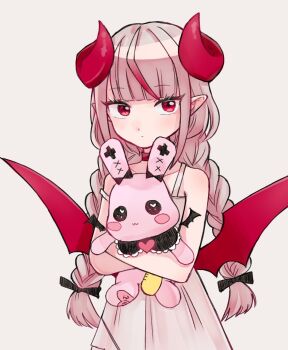 1girl bam_4100 bare_shoulders belt_collar black_ribbon blunt_bangs blush braid closed_mouth collar collarbone cowboy_shot curled_horns debitto_(makaino_ririmu) demon_horns demon_wings dress grey_hair hair_ribbon horns hugging_doll hugging_object long_hair looking_at_viewer low_twin_braids makaino_ririmu makaino_ririmu_(3rd_costume) multicolored_hair nijisanji pointy_ears red_collar red_eyes red_horns red_streaks red_wings ribbon sidelocks simple_background sleeveless sleeveless_dress solo standing strap_slip streaked_hair stuffed_animal stuffed_rabbit stuffed_toy sundress twin_braids two-tone_hair upturned_eyes virtual_youtuber white_background white_dress wings