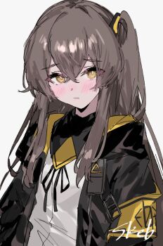 1girl 404_logo_(girls&#039;_frontline) aogisa armband blush brown_hair commission girls&#039;_frontline highres jacket long_hair one_side_up scar scar_across_eye scar_on_face shirt skeb_commission smile solo ump45_(girls&#039;_frontline) white_shirt yellow_armband yellow_eyes