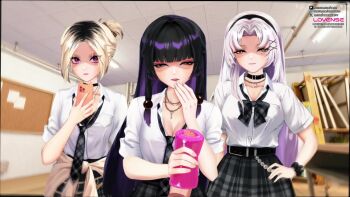3d_background 3girls alice_(bubblebebe) animated artificial_vagina black_hair blonde_hair bubblebebe bubblebebe_(artist) cellphone choker foursome group_sex gyaru hair_ornament hairclip hand_to_own_mouth handjob headband hime_cut humiliation key key_necklace long_hair mole mole_under_eye mole_under_mouth multicolored_hair multiple_girls necklace onahole_handjob phone ponytail pov purple_eyes purple_hair rei_(bubblebebe) school_uniform scrunchie sex_toy smartphone tagme text_messaging two-tone_hair uninterested video watermark white_hair wrist_scrunchie