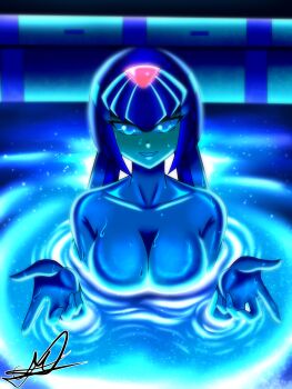 absurdres blue_eyes blue_helmet border breasts chainsaw_man commission fairy_leviathan_(mega_man) forehead_jewel glowing helmet highres i&#039;ll_teach_you_everything_(chainsaw_man) large_breasts mega_man_(series) mega_man_zero_(series) parted_lips partially_submerged pool rockartistz smile upper_body wet white_border