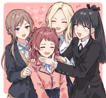 4girls ^_^ amaya_tsubame black_coat black_hair black_jacket blonde_hair blue_ribbon blush border brown_hair closed_eyes coat dress_shirt flying_sweatdrops gakuen_idolmaster hanami_saki hatsuboshi_gakuen_school_uniform headpat heart highres himesaki_rinami idolmaster jacket juo_sena long_sleeves looking_at_another mole mole_under_eye multiple_girls neck_ribbon pink_jacket ribbon school_uniform shirt smile sweater white_border white_jacket white_shirt yellow_sweater yukitake_(xuserpost)