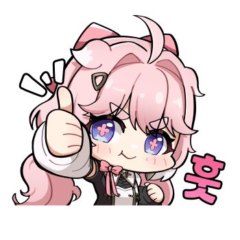 1girl absurdres ahoge bow closed_mouth commentary encore_(wuthering_waves) flower-shaped_pupils hair_bow hair_ornament highres long_hair looking_at_viewer pink_bow pink_hair pink_pupils purple_eyes simple_background smile solo symbol-shaped_pupils thick_eyebrows thumbs_up upper_body white_background wuthering_waves yami_(yami56_u)