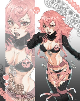 1girl absurdres alice_twilight belt bikini bikini_under_clothes black_background black_bikini black_gloves black_pants black_shrug blush border breasts cez chaps commentary feet_out_of_frame gloves gradient_background hand_up heart highres lace lace_border long_hair long_sleeves looking_at_viewer medium_breasts micro_shorts no_more_heroes no_more_heroes_2 open_mouth ornate_border pants pink_belt pink_hair pink_shorts red_eyes shorts shrug_(clothing) side-tie_bikini_bottom sidelocks skull skull_print swimsuit white_background zoom_layer