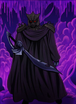 Rule 34 | 1boy, absurdres, black cape, cape, commentary, commission, denkou choujin gridman, english commentary, full body, helmet, highres, holding, holding sword, holding weapon, horns, kahn digifier, male focus, mesiasart, no pupils, red eyes, single horn, solo, sword, weapon