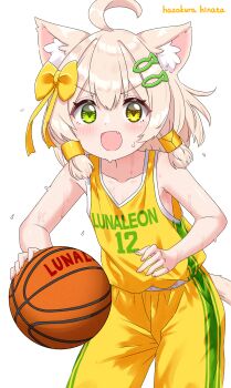 1boy absurdres ahoge animal_ear_fluff animal_ears artist_name ball basketball basketball_(object) basketball_uniform blonde_hair blush bow cat_boy cat_ears cat_tail collarbone commentary_request fang fish_hair_ornament green_eyes hair_bow hair_ornament hairclip happy hazakura_hinata heterochromia highres holding holding_ball kaya_(hazakura_hinata) looking_at_viewer male_focus open_mouth original pants shirt shirt_tucked_in short_hair sidelocks simple_background smile solo sportswear sweat tail trap v-shaped_eyebrows white_background yellow_shirt