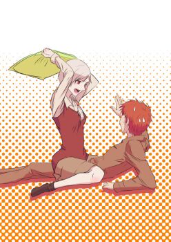 Rule 34 | bad id, bad pixiv id, brown jacket, brown pants, brown skirt, dotted background, emiya shirou, emiya shirou (prisma illya), fate/kaleid liner prisma illya, fate (series), jacket, paki, pants, pillow, red eyes, red hair, sella (fate), skirt, socks, white hair