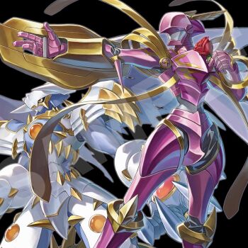 Rule 34 | a-er (akkij0358), armor, black background, digimon, digimon (creature), digimon frontier, dynasmon, flower, helmet, highres, holding, holding flower, holding shield, lordknightmon, pink armor, pink helmet, red flower, red rose, rose, royal knights, sample watermark, shield, simple background, torn wings, watermark, wings, yellow eyes