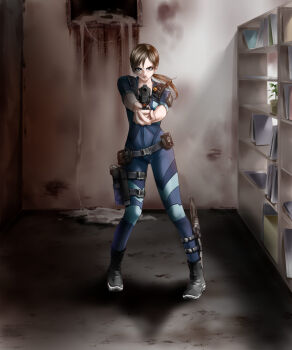 Rule 34 | 1girl, aiming, aiming at viewer, blue eyes, blue wetsuit, bodysuit, bookshelf, brown hair, diving suit, gun, handgun, highres, holding, holding gun, holding weapon, jill valentine, long hair, looking at viewer, low ponytail, ponytail, resident evil, resident evil: revelations, wasabi (legemd), weapon, wetsuit
