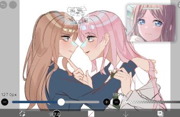 2girls art_program_in_frame bang_dream! bang_dream!_it&#039;s_mygo!!!!! blue_eyes blue_shirt brown_hair chihaya_anon commentary eye_contact green_necktie grey_eyes grey_jacket hand_in_another&#039;s_hair hand_on_another&#039;s_chin haneoka_school_uniform hashtag-only_commentary highres jacket long_hair looking_at_another multiple_girls nagasaki_soyo necktie pink_hair reference_inset school_uniform shirt sidelocks tsukinomori_school_uniform white_shirt yooru_(yooruverse) yuri