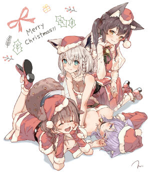 4girls animal_ears black_hair breasts brown_hair cleavage closed_eyes closed_mouth commentary dog_ears dog_girl dog_tail dress english_commentary fang fox_ears fox_girl fur-trimmed_dress fur-trimmed_headwear fur_trim hat highres hololive hololive_gamers inugami_korone large_breasts looking_at_viewer lying multiple_girls nekomata_okayu on_back ookami_mio open_mouth purple_eyes purple_hair red_hat santa_costume santa_dress shirakami_fubuki skin_fang smile tail torokko virtual_youtuber white_hat wolf_ears wolf_girl yellow_eyes